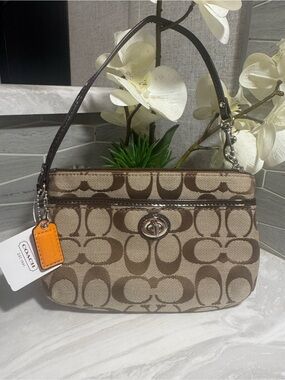 Coach Tan/Brown Signature Canvas Medium Wristlet Clutch w/ Turn lock Pocket